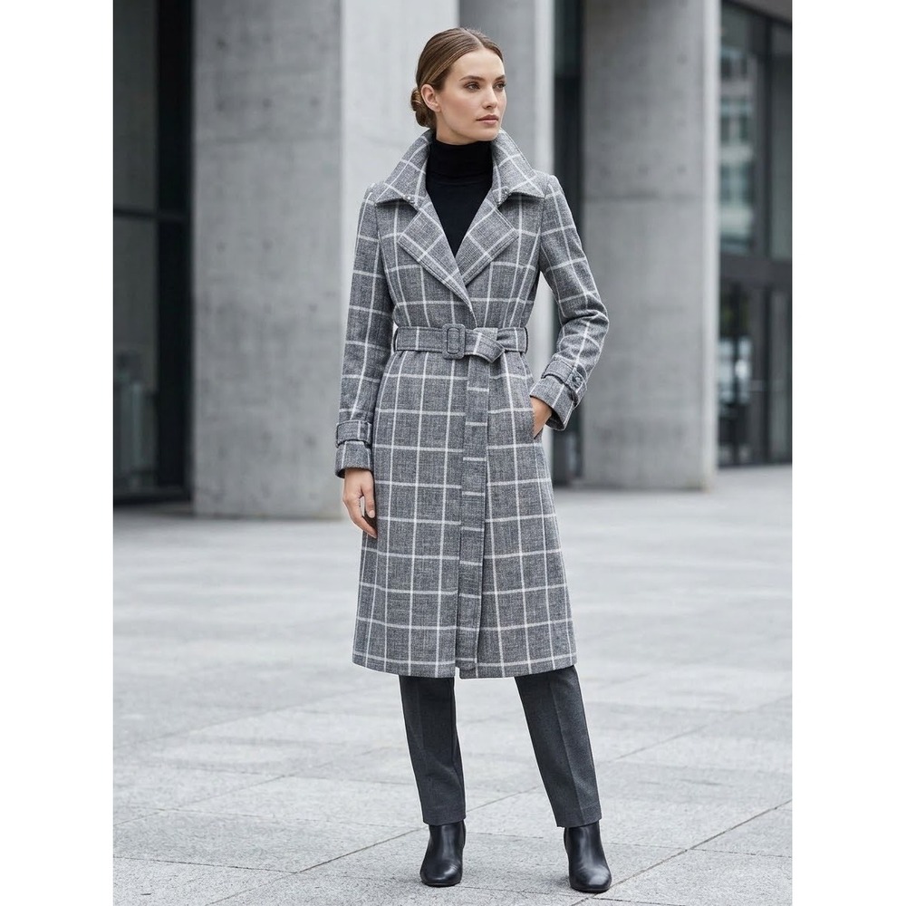 White House Black Market Gray Windowpane Plaid Belted Trench Coat Small
